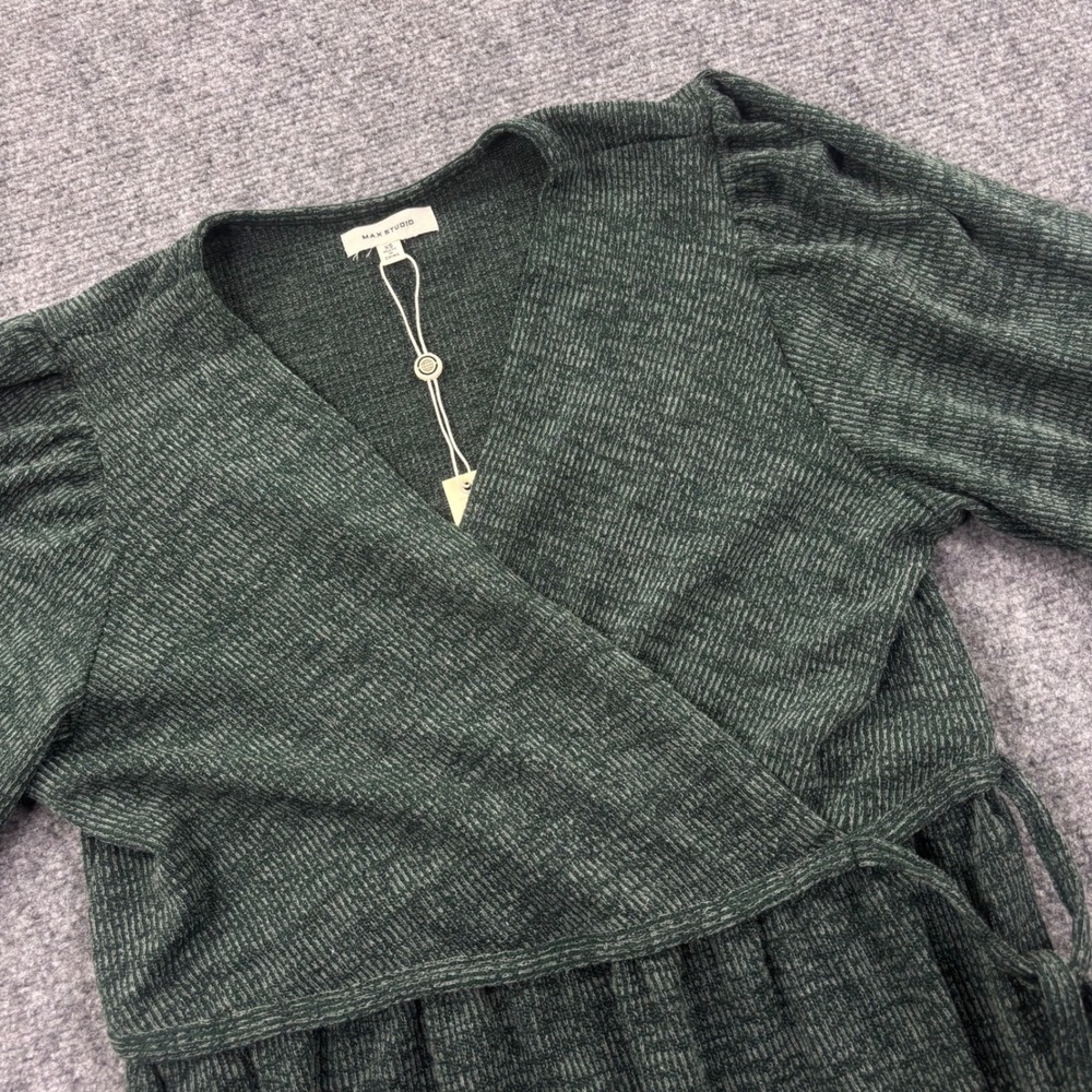 Max Studio Midi Dress XSmall Evergreen Ribbed‎ Faux Wrap Puff Sleeve Women's